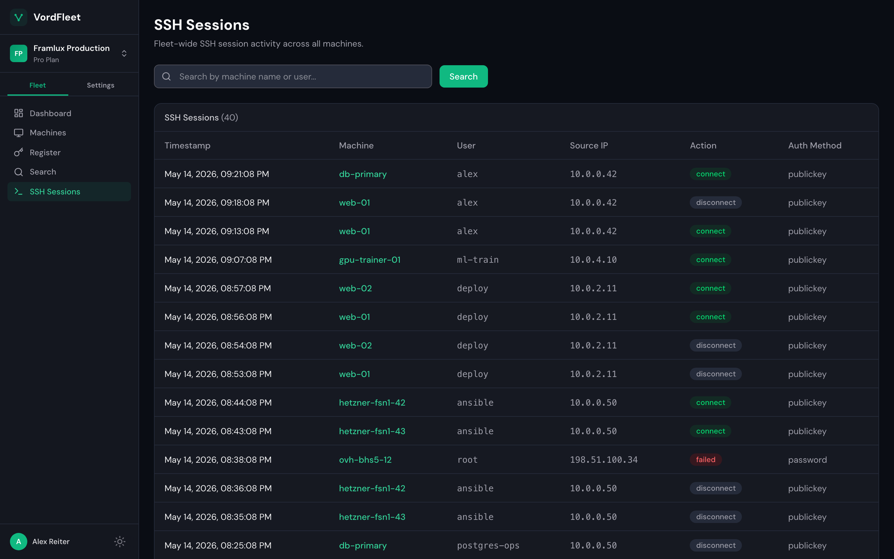 VordFleet SSH sessions page showing fleet-wide login activity across multiple servers, including a failed root login from a Tor exit IP